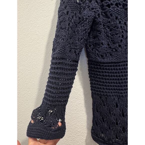 Lucky Brand Navy Blue Crochet Sweater Women’s Size Small Button Back Knit Boho - Picture 6 of 8